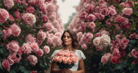 concept woman and flowers, beautiful woman with roses