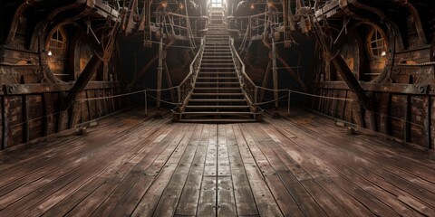 Fototapeta premium Desolate Pirate Ship Deck Stage Backdrop, Perfect For Theatrical Scenes. Сoncept Ocean Sunset, Dramatic Lighting, Mystical Atmosphere