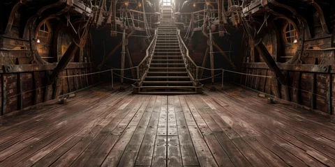 Rolgordijnen Desolate Pirate Ship Deck Stage Backdrop, Perfect For Theatrical Scenes. Сoncept Ocean Sunset, Dramatic Lighting, Mystical Atmosphere © Anastasiia