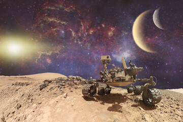 Curiosity Mars Rover exploring the surface of red planet. Elements of this image furnished by NASA.