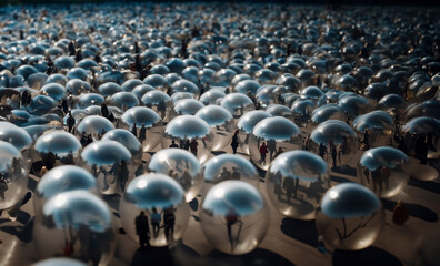 people in the city walk inside the balls. The concept of isolation from society, aura and spherical energy protection.