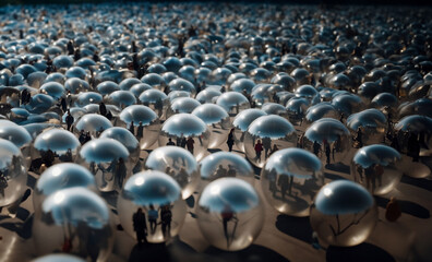 Obraz premium people in the city walk inside the balls. The concept of isolation from society, aura and spherical energy protection.