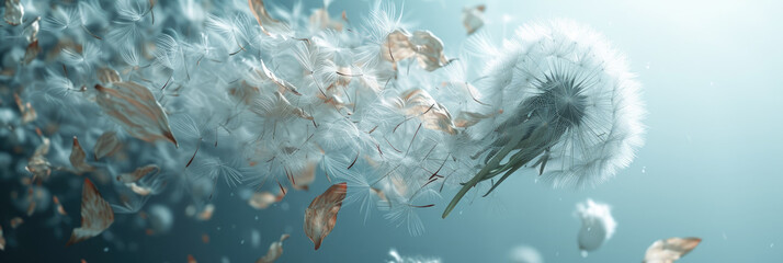 a white dandelion leaves are blowing in the air