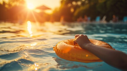 Picture of a child's hand holding a pool float, with the sun setting in the background, signaling the end of a perfect summer day.