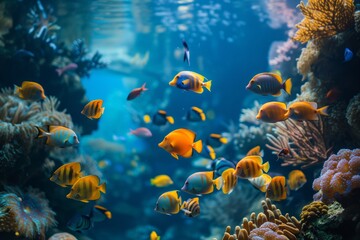 Fototapeta na wymiar Diverse Marine Ecosystem With Myriad Species In Captivating Oceanarium Setting. Сoncept Underwater Photography, Exotic Coral Reefs, Stunning Sea Creatures, Aquatic Biodiversity