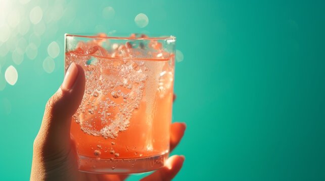 Picture of a person holding an ice-cold cocktail with dew on the glass, against a mint green background.