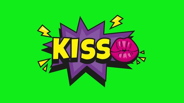 Kiss comic text animation on green screen background. Kiss pop art in comic style. cartoon bubble explosion. animated cartoon comic strip with the words Kiss