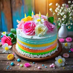 birthday image, Rainbow Layered Birthday Cake with Spring Flowers Decoration