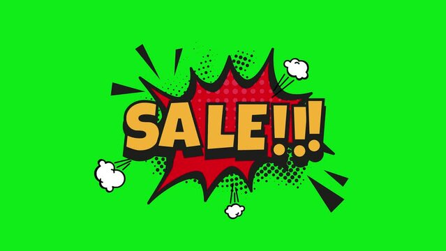 Sale!!! comic text animation on green screen background. Sale!!! pop art in comic style. cartoon bubble explosion. animated cartoon comic strip with the words Sale!!!