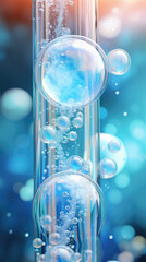 Blue liquid in test tube with bubbles on abstract background