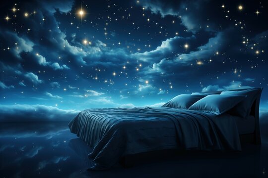 Comfortable bedding or healthy sleeping concept of flying cozy bed on background of amazing night sky