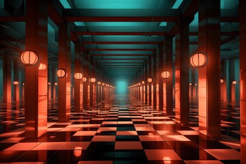 Futuristic corridor with glowing neon lights 3d rendering background wallpaper - obrazy, fototapety, plakaty