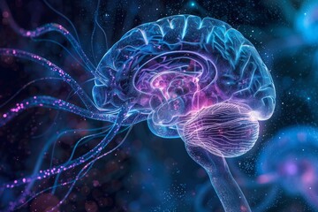 Microcip On The Blue Brain. Сoncept Artificial Intelligence, Brain-Computer Interface, Neurotechnology, Brain Mapping, Cognitive Enhancement