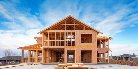 Modern House Being Built With Precise And Sturdy Framing Techniques. Сoncept Eco-Friendly Construction, Sustainable Materials, Energy-Efficient Design, Smart Home Features, Open Floor Plan
