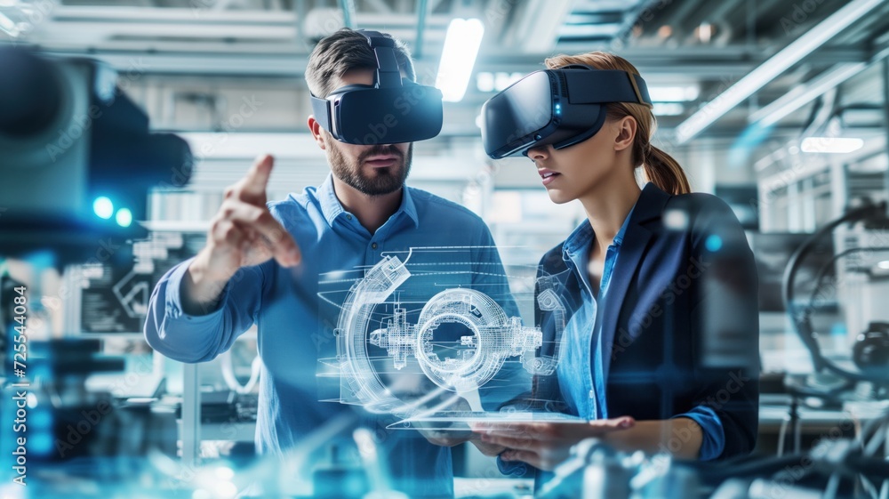 Aufkleber man and a woman working with virtual reality equipment in a high-tech manufacturing environment. wor