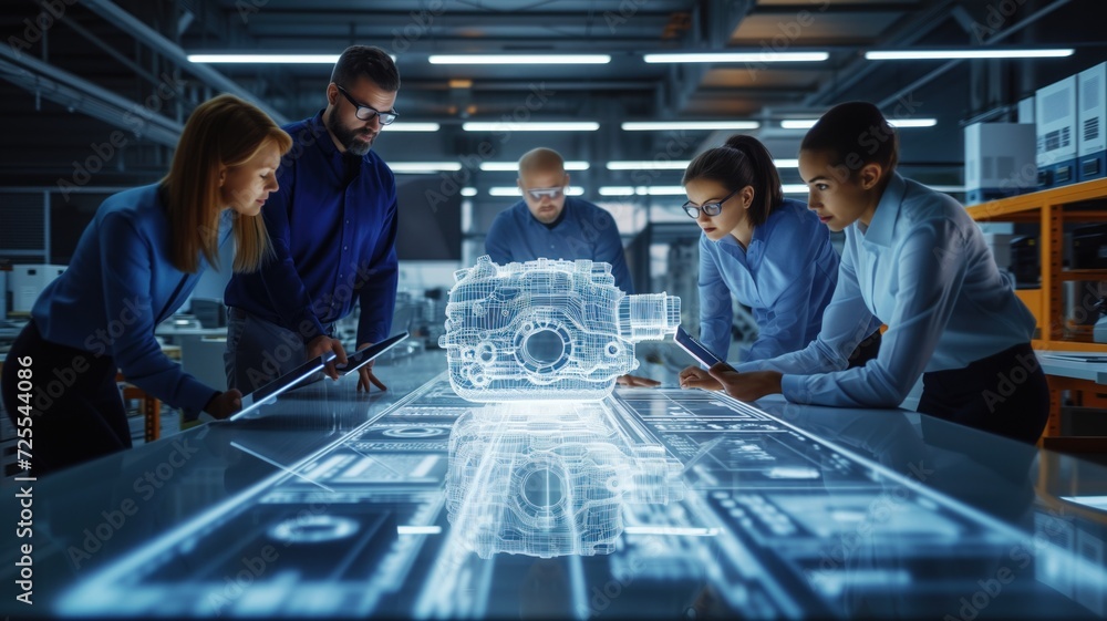 Poster team of professionals working on a holographic image of an automobile engine. technology and enginee