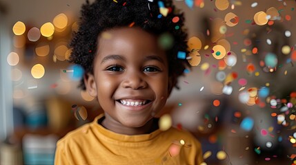 Joyous boy with colorful confetti falling around him.