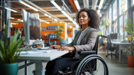 woman in a wheelchair working at a computer in an office, illustrating the inclusiveness and accessibility of the workplace.