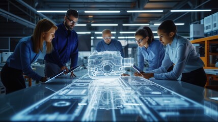 team of professionals working on a holographic image of an automobile engine. technology and engineering in industrial or automotive design.