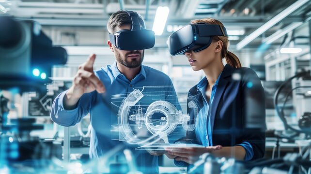 man and a woman working with virtual reality equipment in a high-tech manufacturing environment. working on an engineering or design project using VR