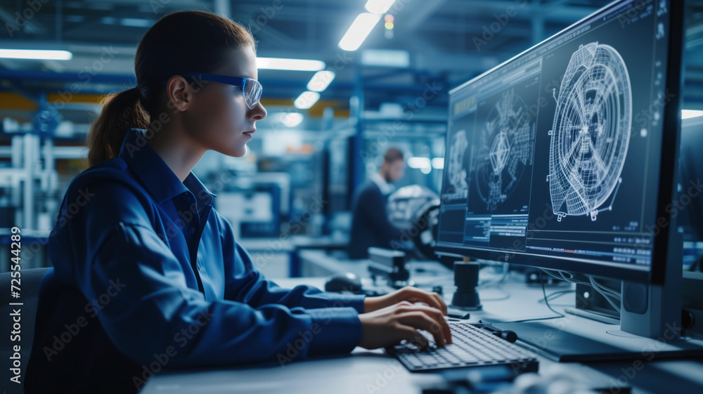 Poster female engineer working at a computer with cad (computer-aided design) software, outputting technica