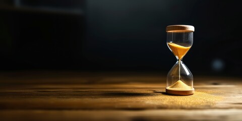 Race Against Time Hourglass Fading On Table, Amidst Dark Backdrop. Сoncept Mystery In The Shadows, Countdown To Destiny, Time Slipping Away, The Fading Hourglass, Ticking Against Darkness