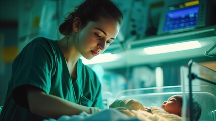 health care worker in overalls who attentively cares for the newborn. Neonatal Intensive Care Unit - obrazy, fototapety, plakaty