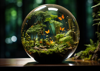 A glass ball holding a blue butterfly. A glass ball containing vibrant moss and delicate butterflies.