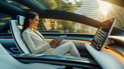 professional-looking woman sitting comfortably in the back seat of a luxury unmanned taxi with a modern interior. She is working with a tablet while driving. - obrazy, fototapety, plakaty