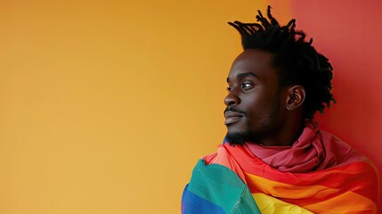 Person with dreadlocks against an orange background, wearing a rainbow flag. - obrazy, fototapety, plakaty