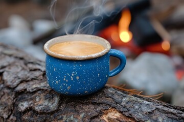 Blue enamel cup with hot drink on a wooden stump against the background of a burning fire