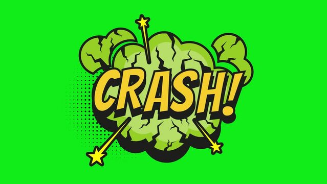Crash! comic text animation on green screen background. Crash! pop art in comic style. cartoon bubble explosion. animated cartoon comic strip with the words crash!