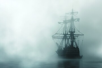 Obraz premium Spooky Pirate Vessel Veiled In Mist, Ready For Your Personalized Message. Сoncept Haunted Halloween Mansion, Enchanted Forest, Magical Unicorn Adventure, Winter Wonderland Ski Trip