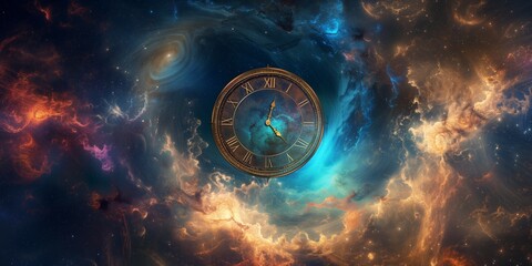 Space Clock. Сoncept Star Gazing, Astral Travel, Celestial Timekeeping, Cosmic Decor, Space Exploration - obrazy, fototapety, plakaty
