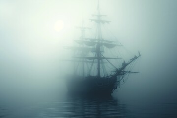 Fototapeta na wymiar Spooky Pirate Vessel Veiled In Mist, Ready For Your Personalized Message. Сoncept Halloween Party Decorations, Haunted House Props, Scary Costumes, Frightful Treats