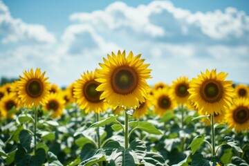 Field of sunflowers with blue sky and white clouds in the background