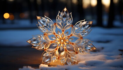 Beautiful snowflake on a background of the night city street.
