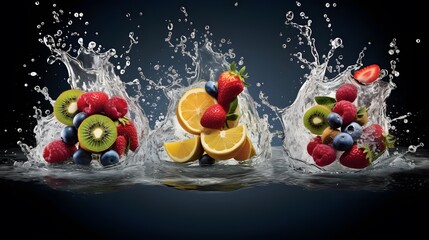 Fruit splashing into water on a black background. 3d rendering