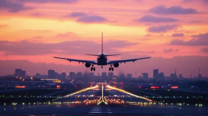 Cercles muraux Milan  Passengers airplane landing to airport runway in beautiful sunset light, silhouette of modern city on background