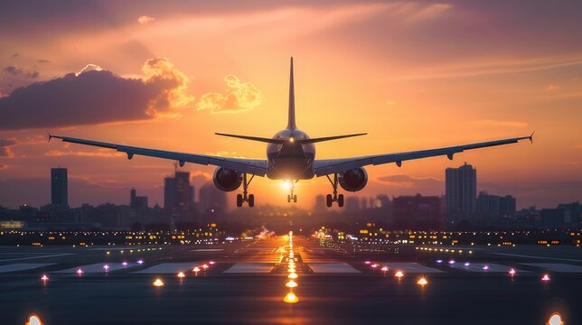  Passengers airplane landing to airport runway in beautiful sunset light, silhouette of modern city on background