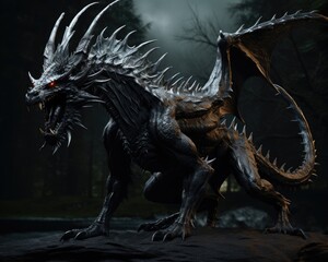 Black Dragon. 3D Render of Epic Fantasy Creature in Isolated Nature Habitat with Horns and Hunting