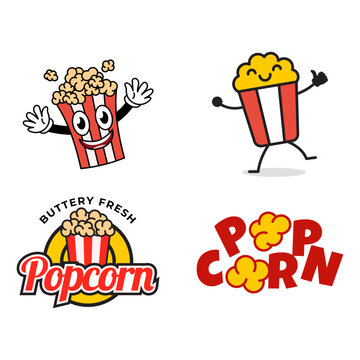Set of Popcorn logo badge with illustration of popcorn in bucket isolated on white background