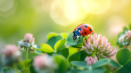 Obraz premium Lady bug on flower, spring background. 