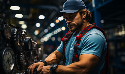 Fototapeta na wymiar Builder looking at his watch in a gym. A man is shown actively engaged in operating a machine within the busy environment of a factory.