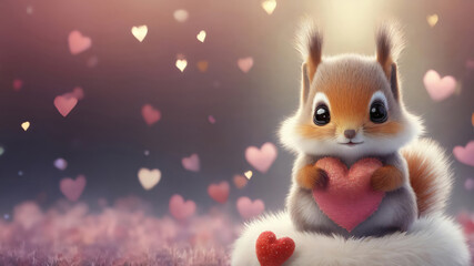 Valentine's Day love squirrel - adorable 3D fluffy rodent with sparkling heart 