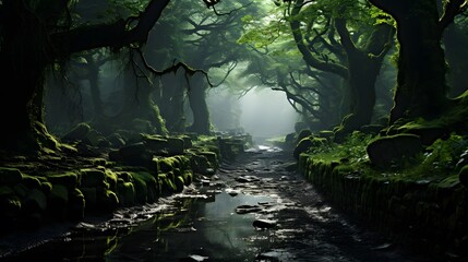 Mysterious dark forest with river and old tree. Panorama