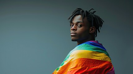 Fototapeta premium A man with dreadlocks looking at the camera, wrapped in a colorful pride flag.