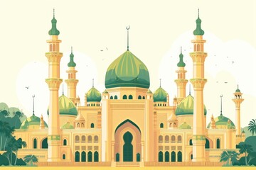 Fototapeta na wymiar Background of ramadan. Painting of a mosque with a full moon suitable for religious events, Islamic holidays, travel websites, and cultural brochures.