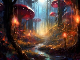 Mysterious fantasy forest with fog and mushrooms. 3d rendering