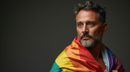 Obraz premium A mature man with a beard looking forward, wearing a rainbow flag around his shoulders.